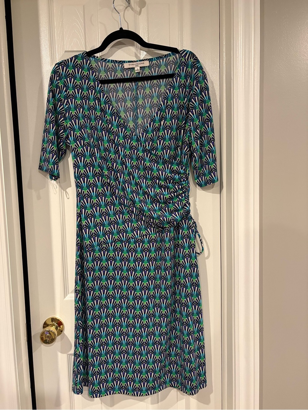 Evan Picone Blue, Purple and Green Print Wrap Midi Dress